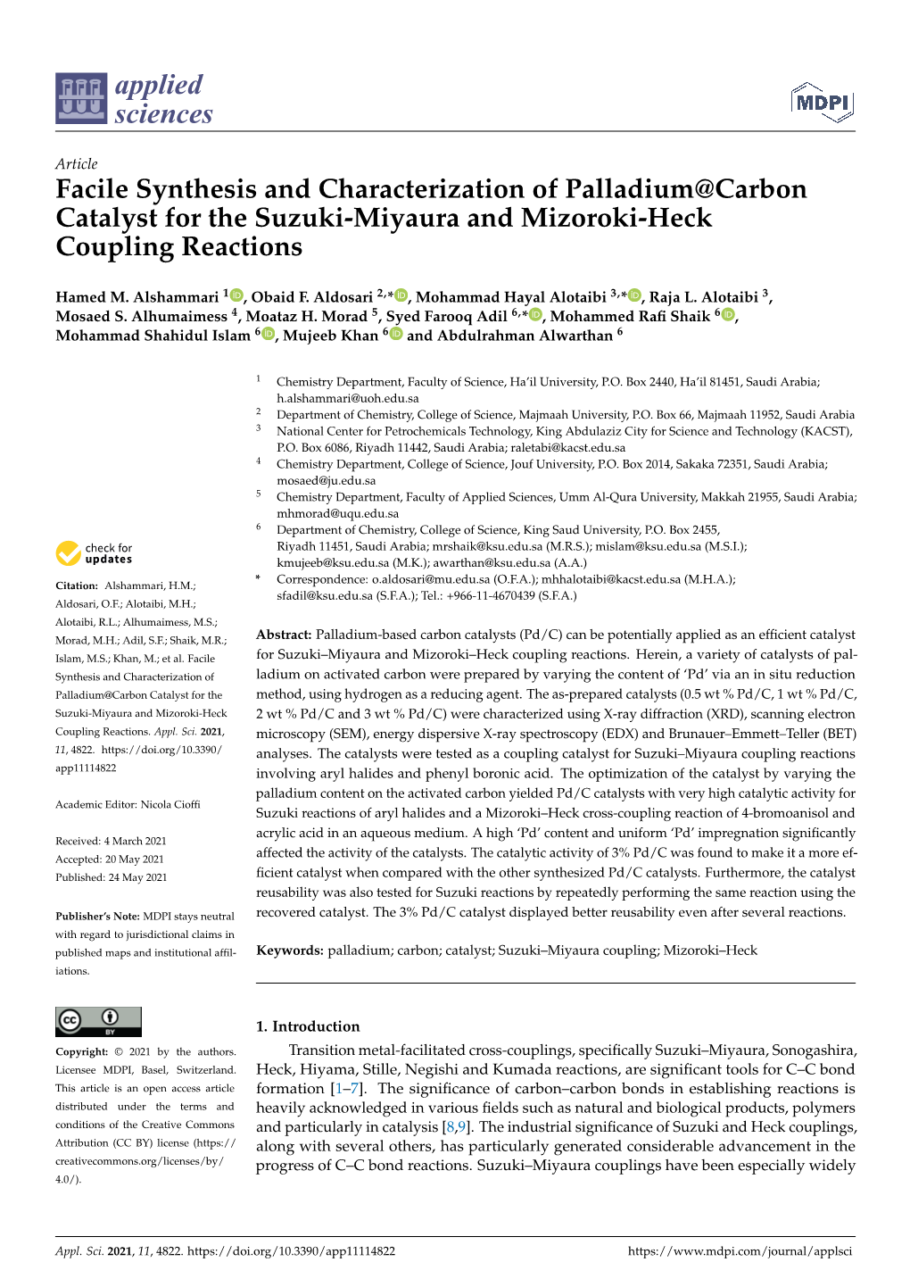 Facile Synthesis and Characterization of Palladium@Carbon Catalyst for the Suzuki-Miyaura and Mizoroki-Heck Coupling Reactions