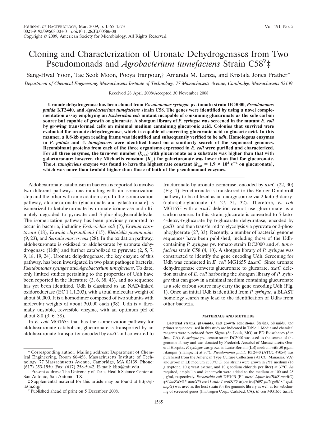 Cloning and Characterization of Uronate Dehydrogenases from Two