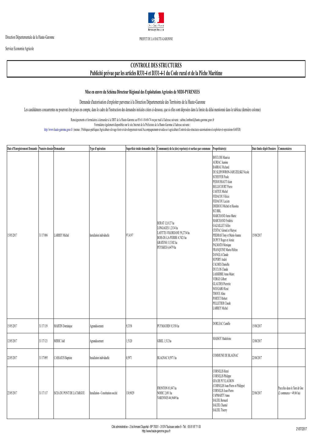 CONTROLE DES STRUCTURES Publicité Prévue Par Les Articles R331-4 Et D331-4-1 Du Code Rural Et De La Pêche Maritime