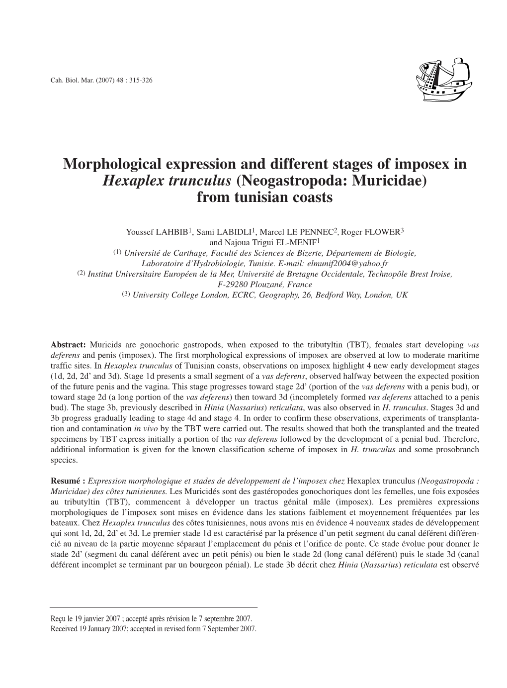 Morphological Expression and Different Stages of Imposex in Hexaplex Trunculus (Neogastropoda: Muricidae) from Tunisian Coasts