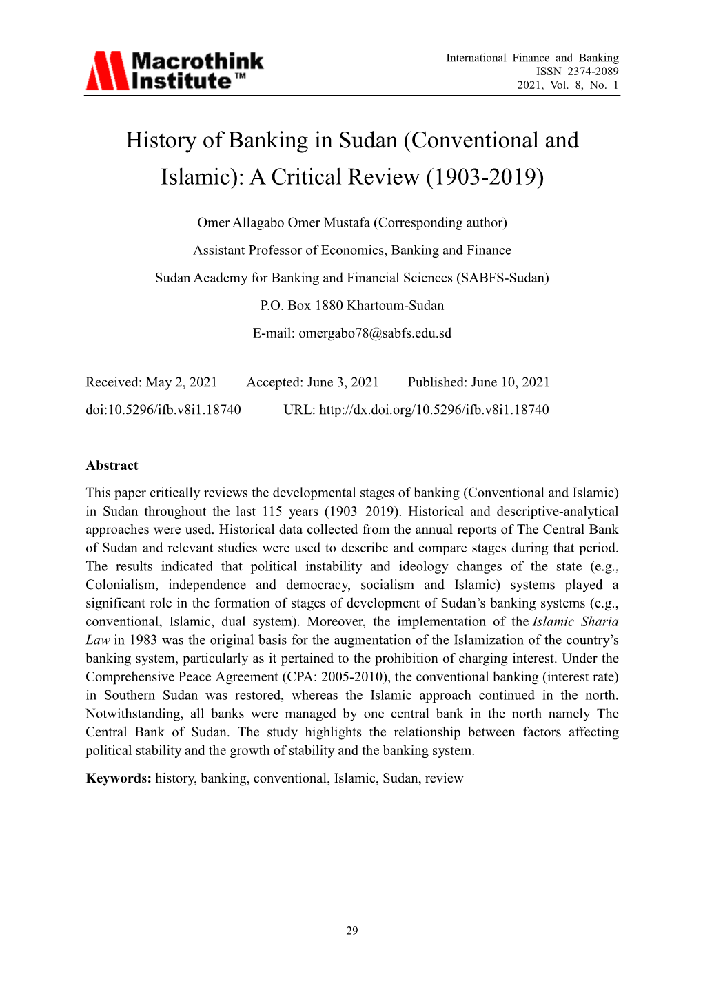 History of Banking in Sudan (Conventional and Islamic): a Critical Review (1903-2019)