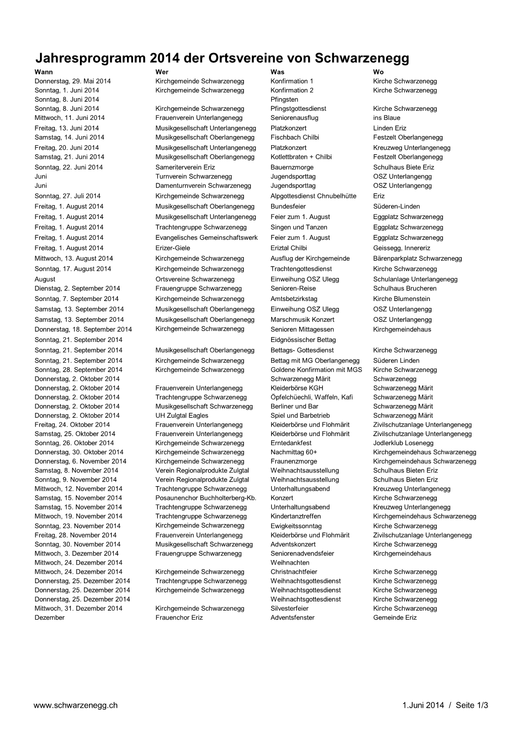 Jahresprogramm 2014 Der Ortsvereine Von Schwarzenegg Wann Wer Was Wo Donnerstag, 29