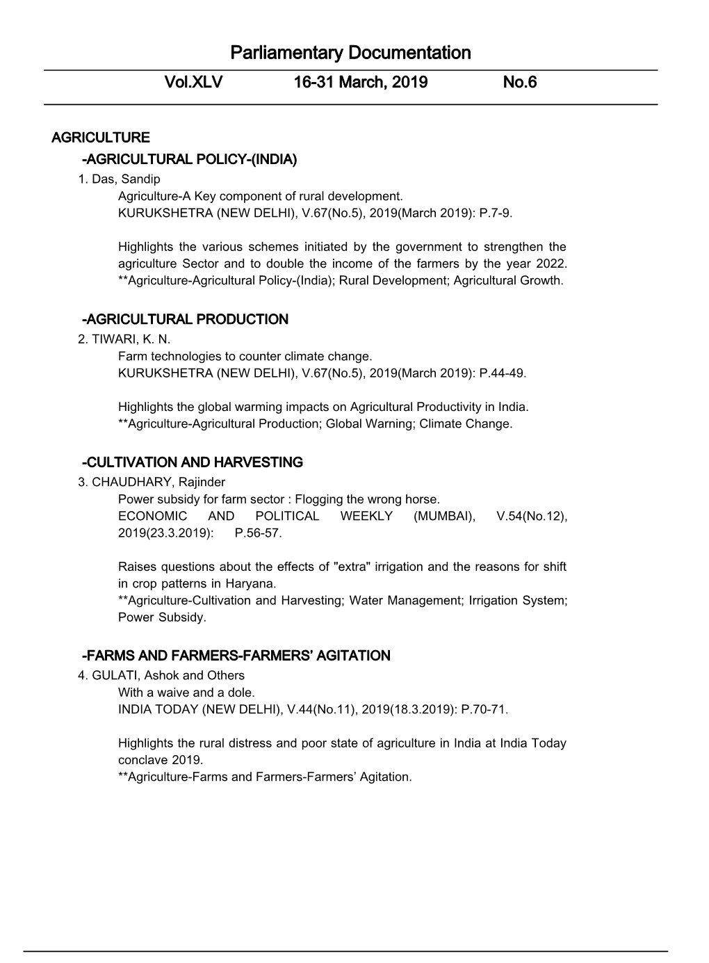 Parliamentary Documentation Vol.XLV 16-31 March, 2019 No.6