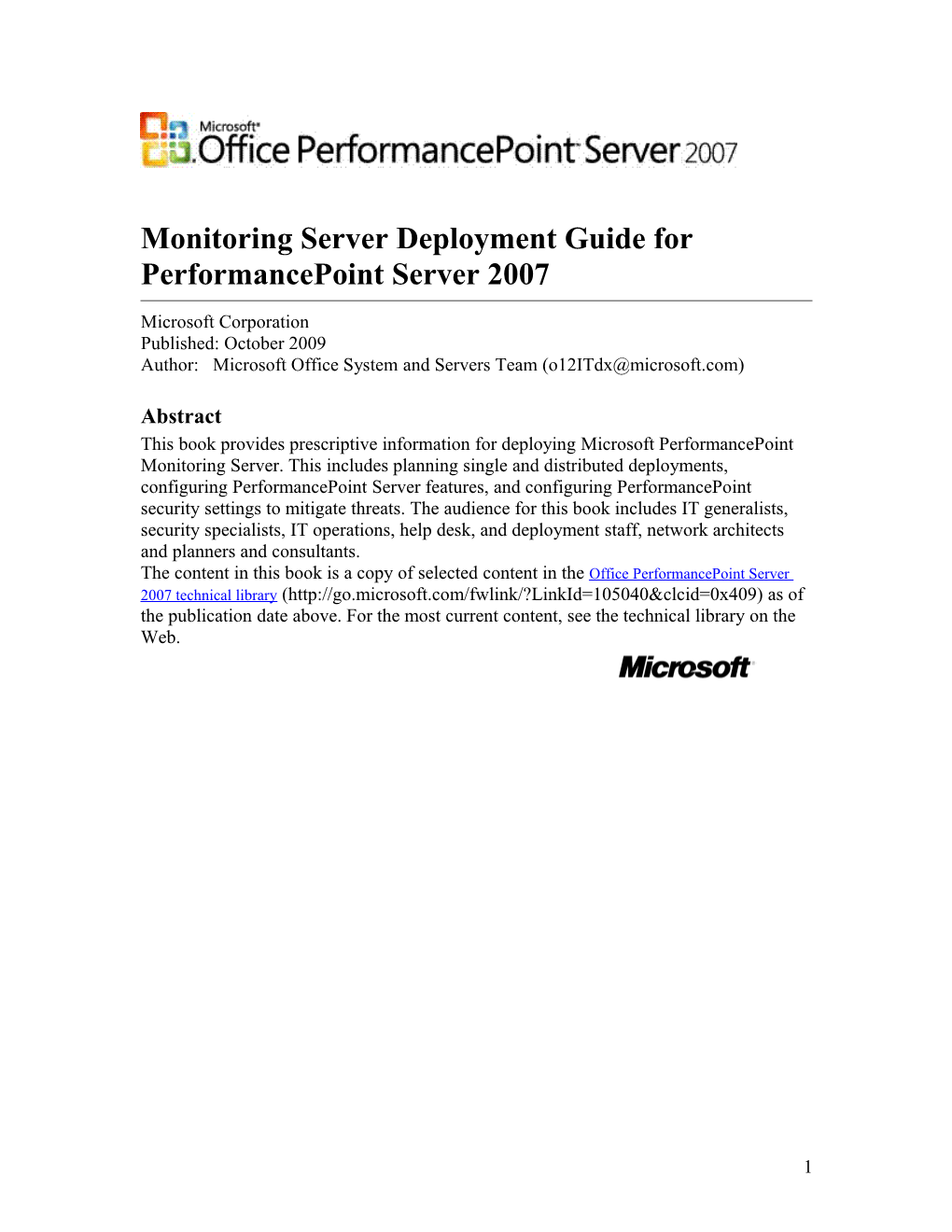 Monitoring Server Deployment Guide for Performancepoint Server 2007