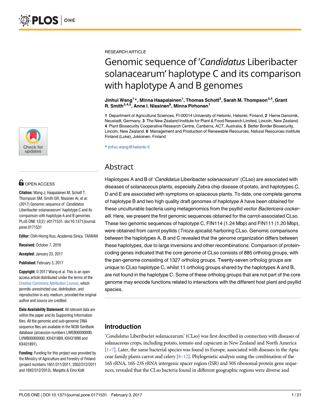 Genomic Sequence of 'Candidatus Liberibacter Solanacearum'