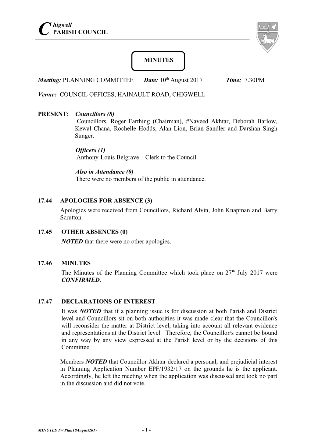 Minutes of a Special Meeting of the Chigwell Parish Council