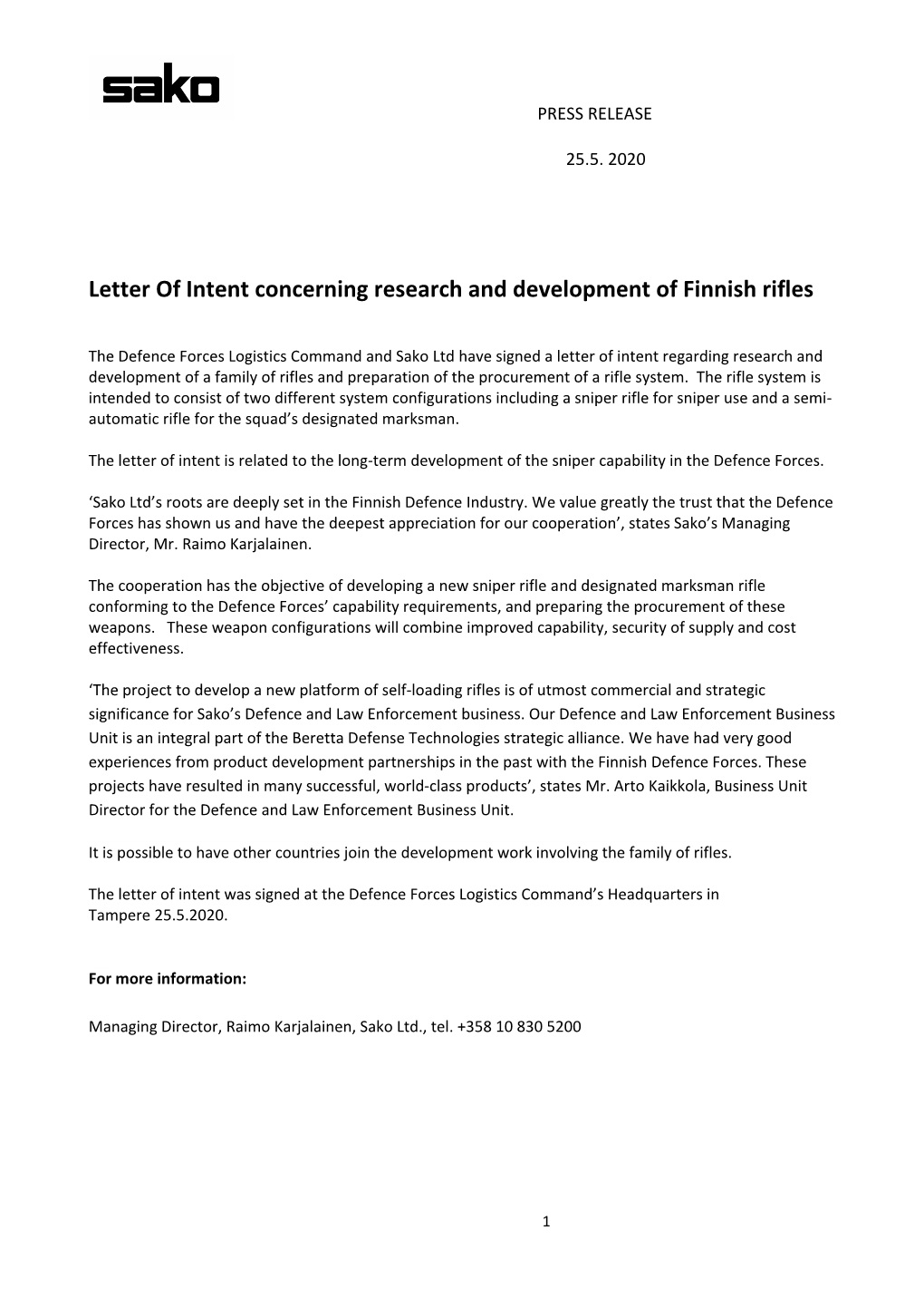 Letter of Intent Concerning Research and Development of Finnish Rifles