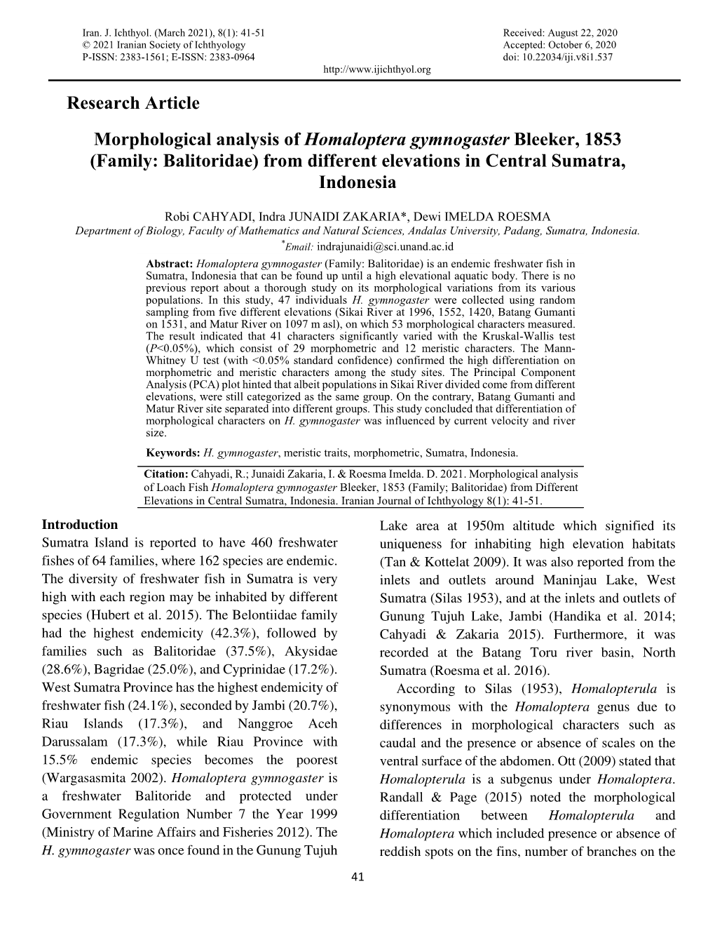 Research Article Morphological Analysis of Homaloptera