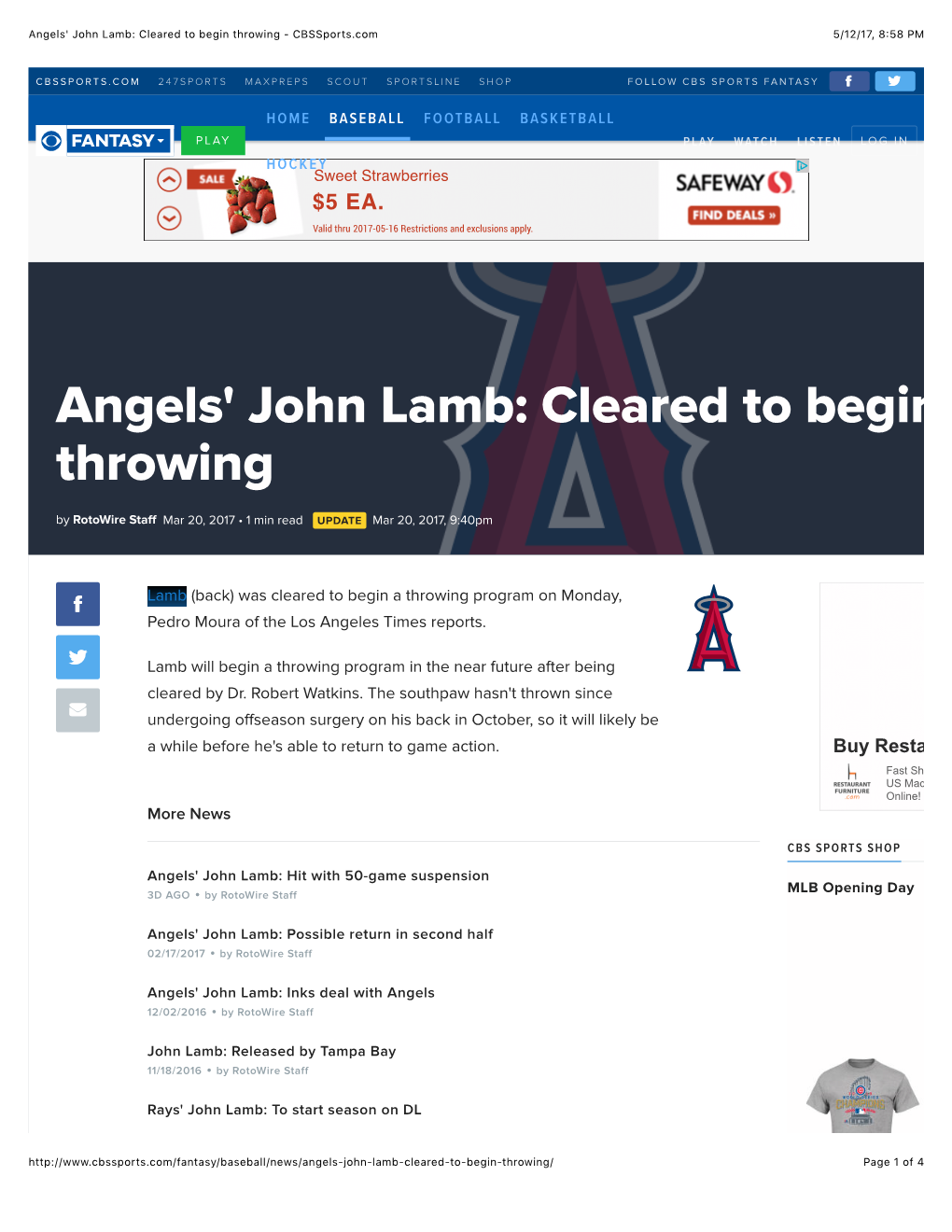 Angels' John Lamb: Cleared to Begin Throwing - Cbssports.Com 5/12/17, 8�58 PM