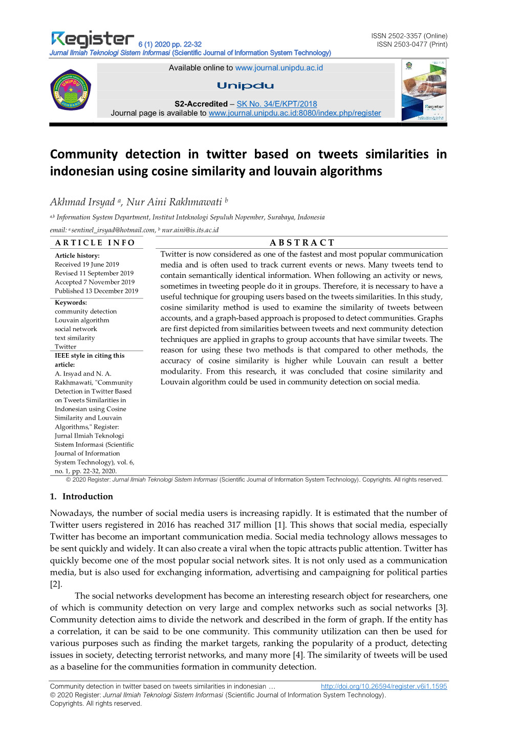 Community Detection in Twitter Based on Tweets Similarities in Indonesian Using Cosine Similarity and Louvain Algorithms