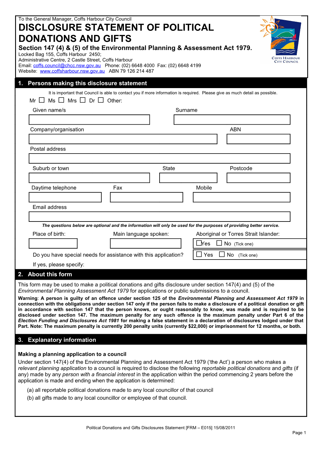 Political Donations and Gifts Disclosure Statement