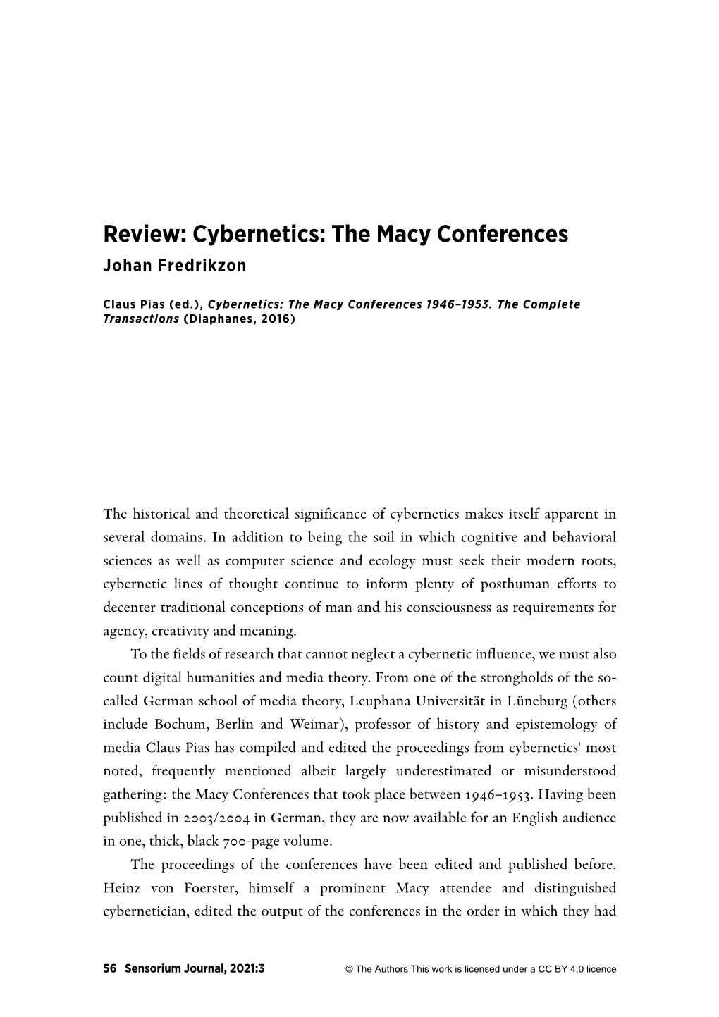 Review: Cybernetics: the Macy Conferences Johan Fredrikzon