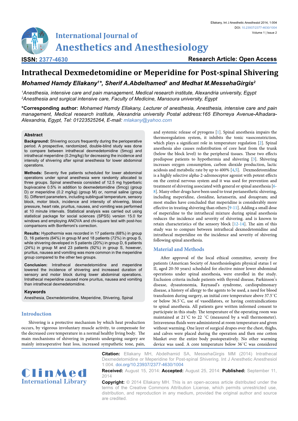 Intrathecal Dexmedetomidine Or Meperidine for Post-Spinal Shivering