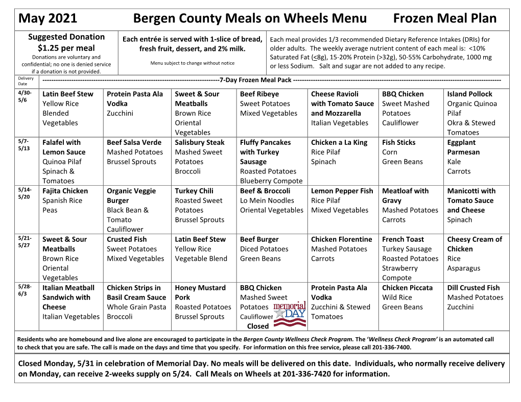 May 2021 Bergen County Meals on Wheels Menu Frozen Meal Plan