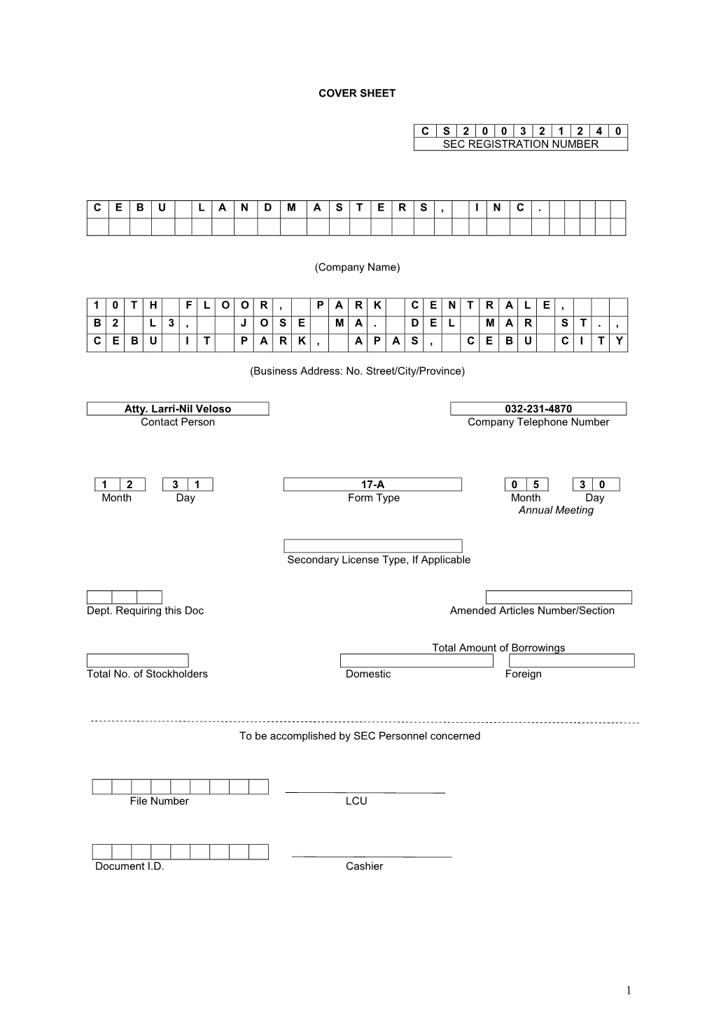 Cover Sheet C S 2 0 0 3 2 1 2 4 0 Sec Registration Number