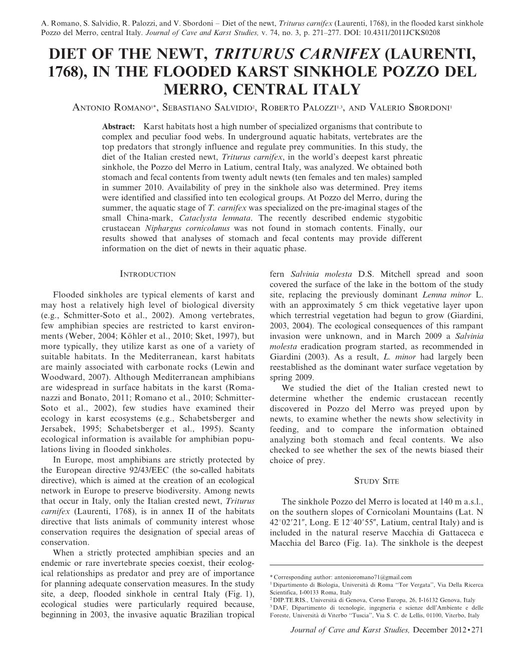 Diet of the Newt, Triturus Carnifex (Laurenti, 1768), in the Flooded Karst Sinkhole Pozzo Del Merro, Central Italy