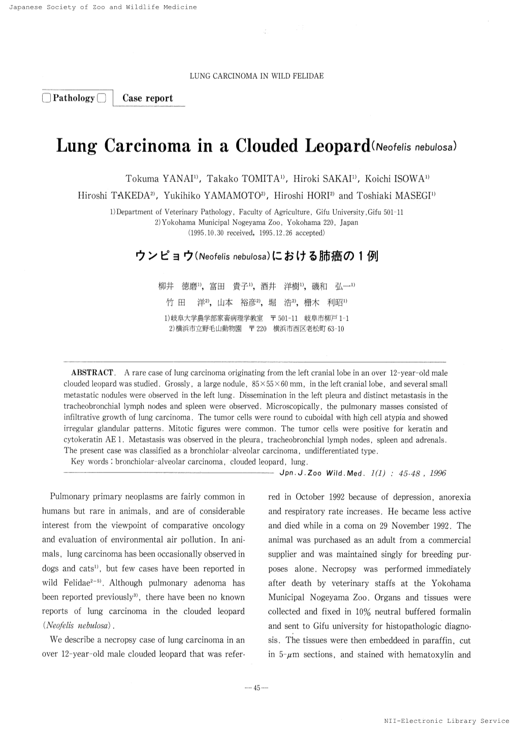 Lung Carcinoma in a Clouded Leopard（N，。 F，Li、