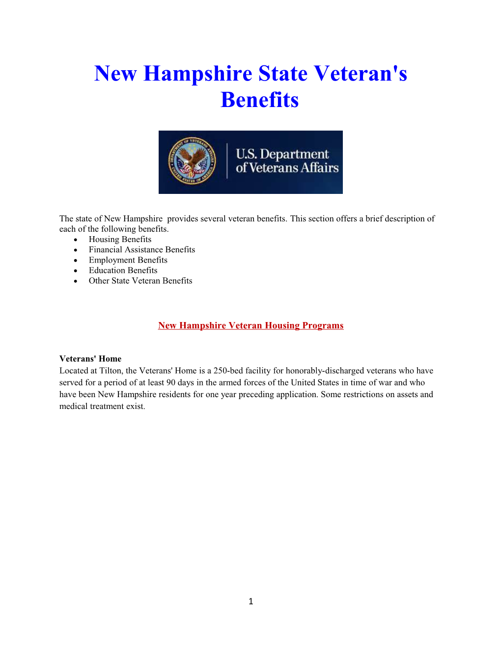 New Hampshire State Veteran's Benefits