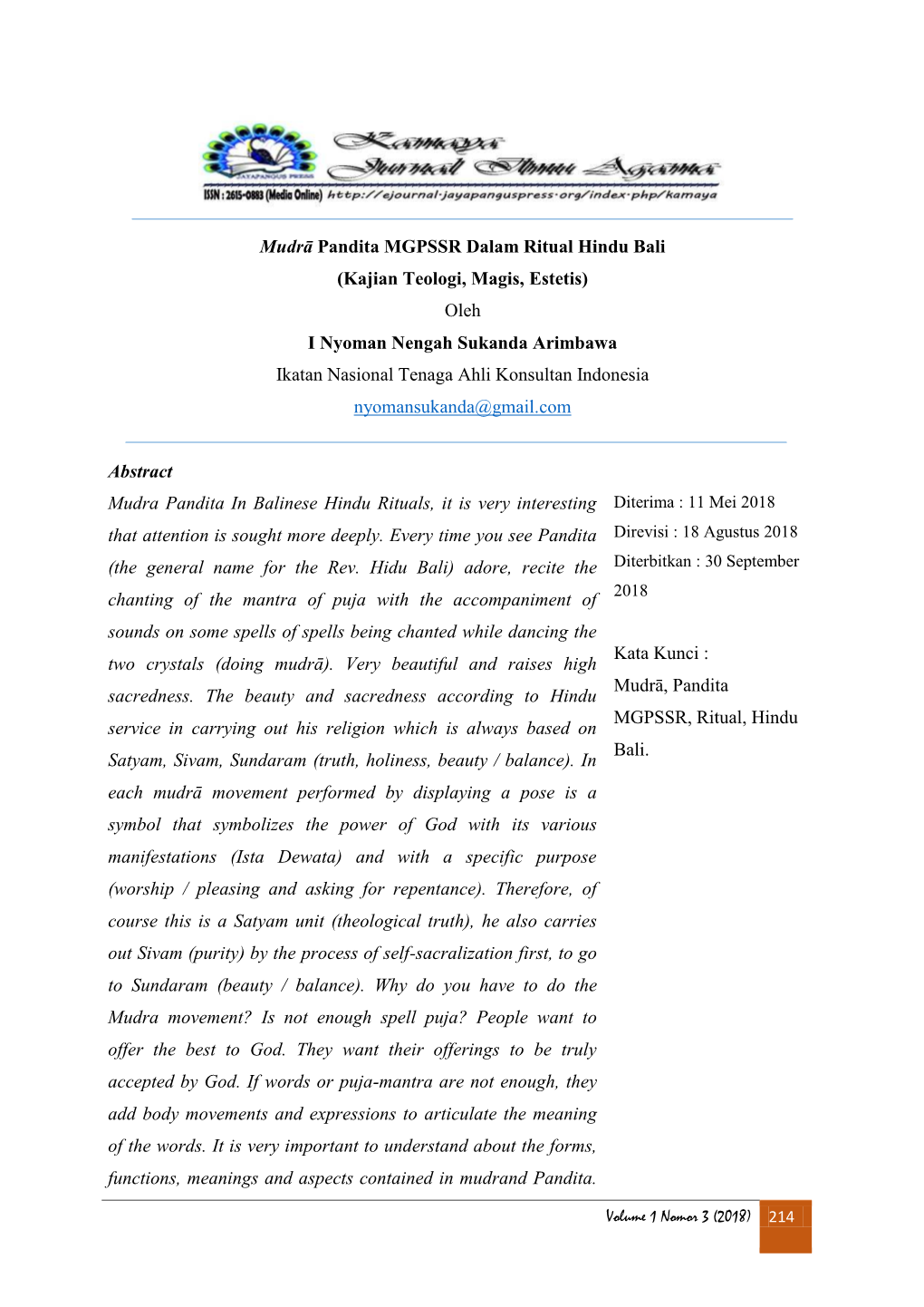 Mudrā Pandita MGPSSR Dalam Ritual Hindu Bali (Kajian Teologi, Magis, Estetis) Oleh I Nyoman Nengah Sukanda Arimbawa Ikatan Nasi