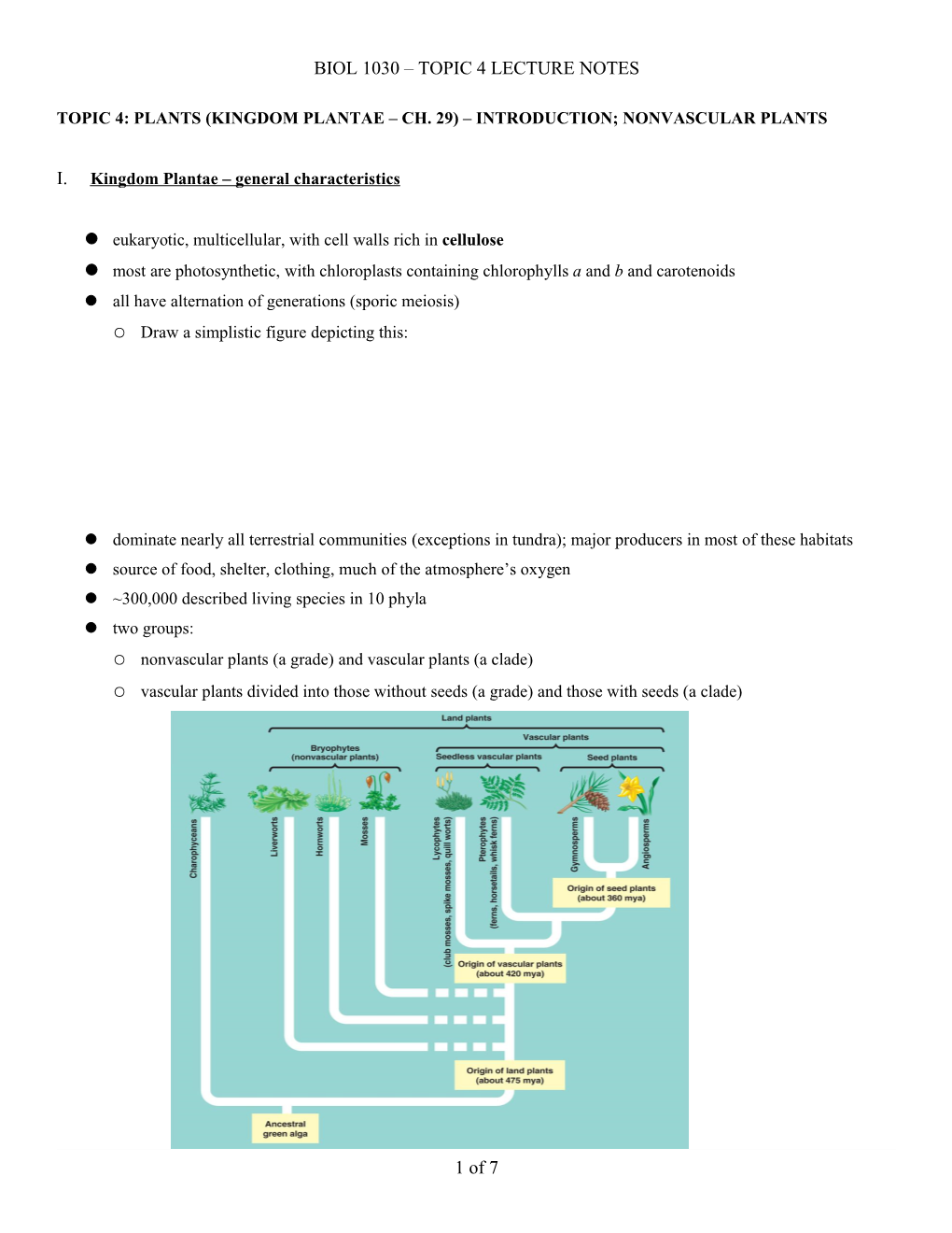 Topic 4: Introduction to Plants; Nonvascular Plants (Ch