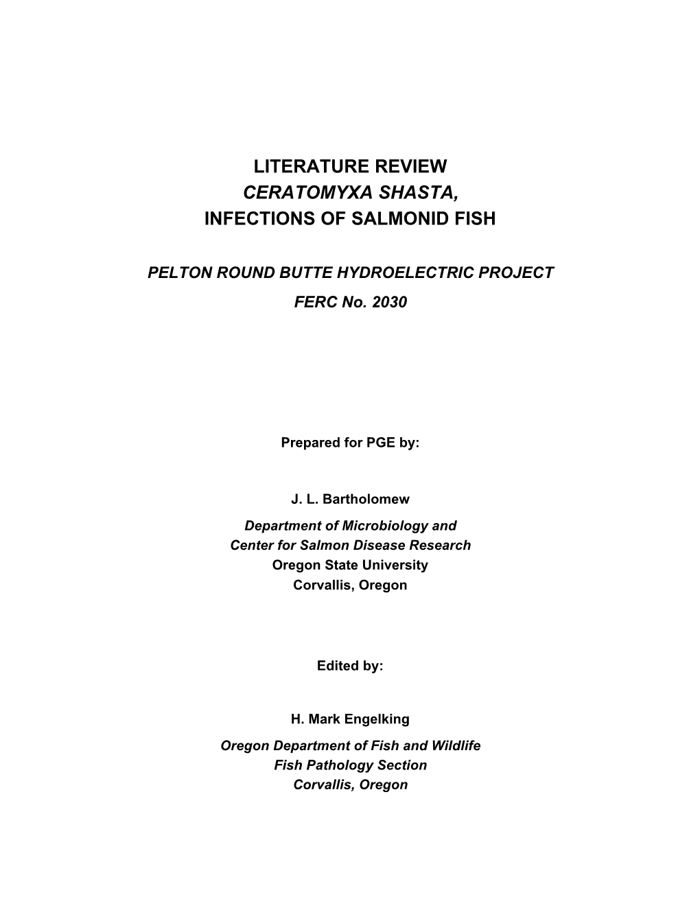 Literature Review Ceratomyxa Shasta, Infections of Salmonid Fish