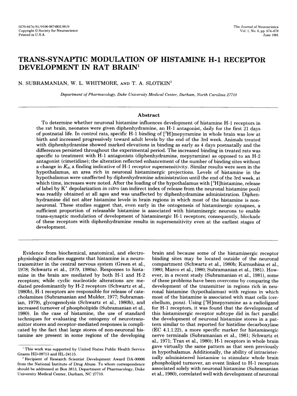 TRANS-SYNAPTIC MODULATION of HISTAMINE H-L RECEPTOR DEVELOPMENT in RAT BRAIN1