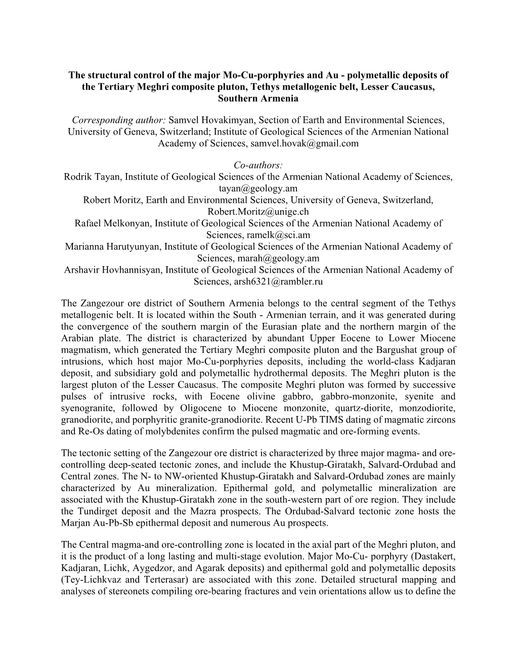 Polymetallic Deposits of the Tertiary Meghri Composite Pluton, Tethys Metallogenic Belt, Lesser Caucasus, Southern Armenia