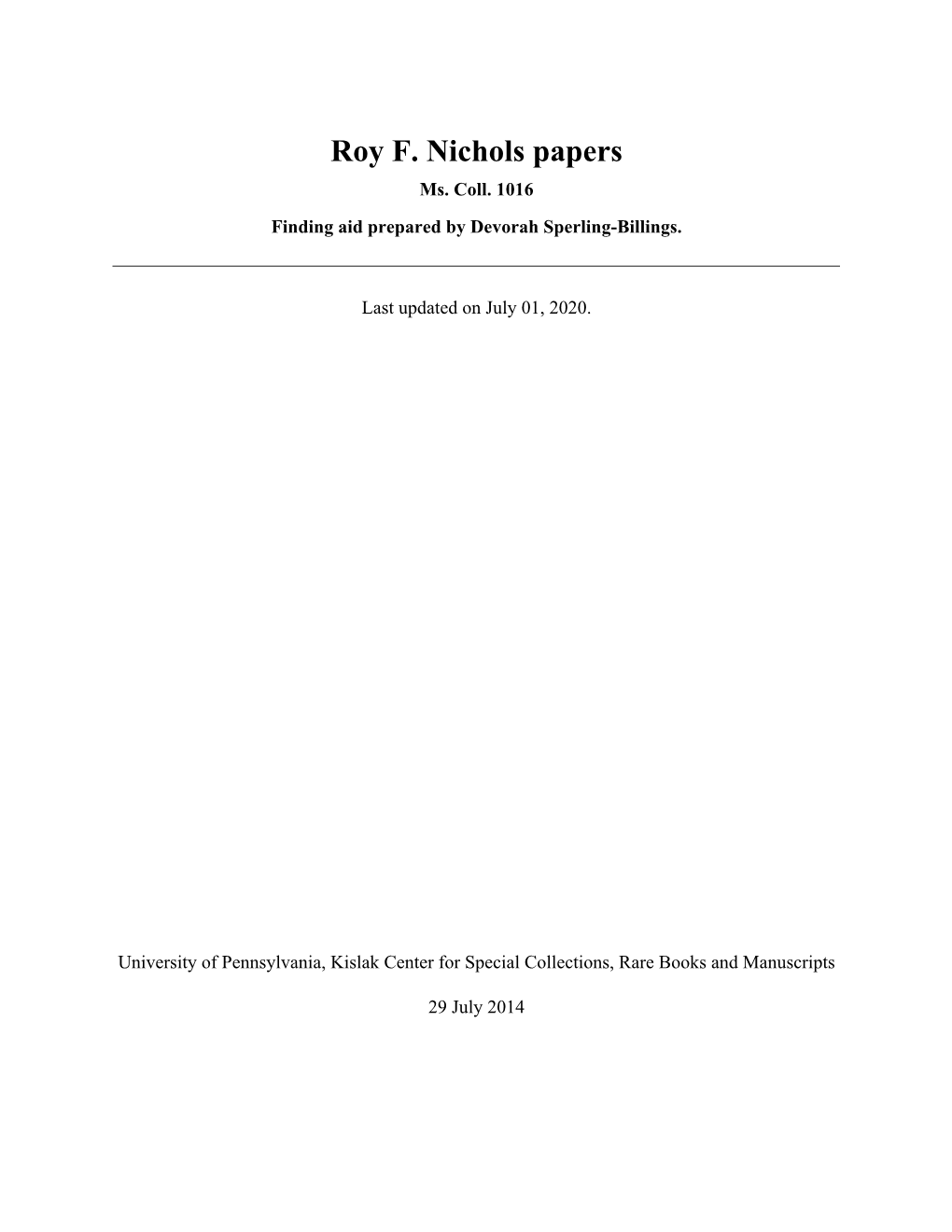 Roy F. Nichols Papers Ms