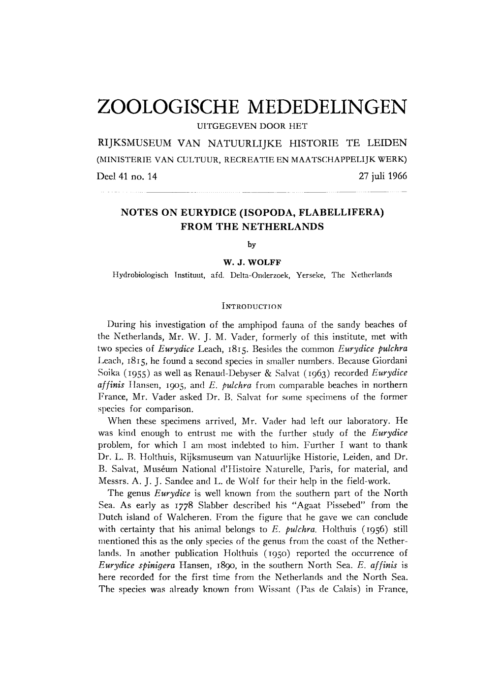 Zoologische Mededelingen Uitgegeven Door Het