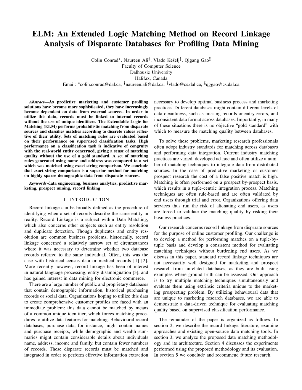 ELM: an Extended Logic Matching Method on Record Linkage Analysis of Disparate Databases for Profiling Data Mining