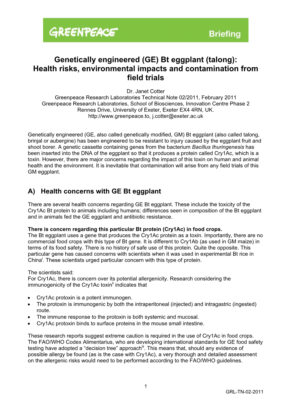 Genetically Engineered (GE) Bt Eggplant (Talong): Health Risks, Environmental Impacts and Contamination from Field Trials