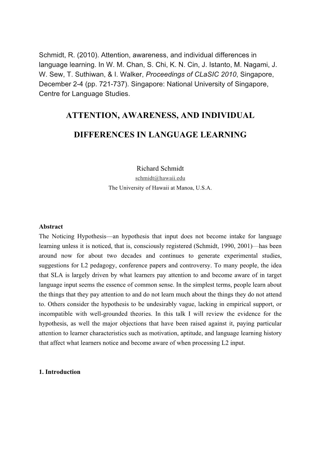 Attention, Awareness, and Individual Differences in Language Learning