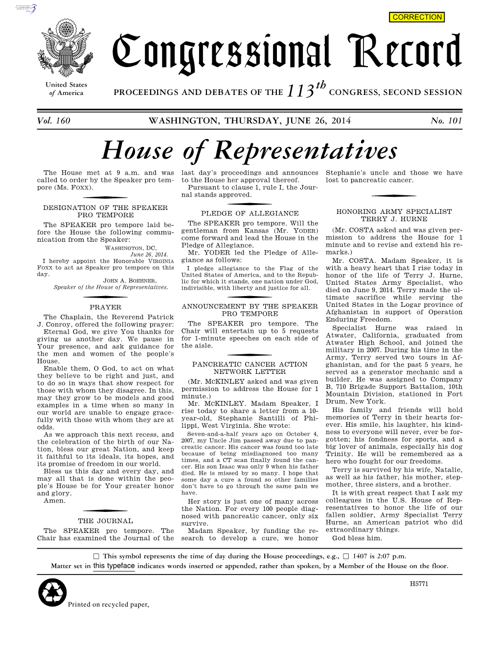 Congressional Record United States Th of America PROCEEDINGS and DEBATES of the 113 CONGRESS, SECOND SESSION