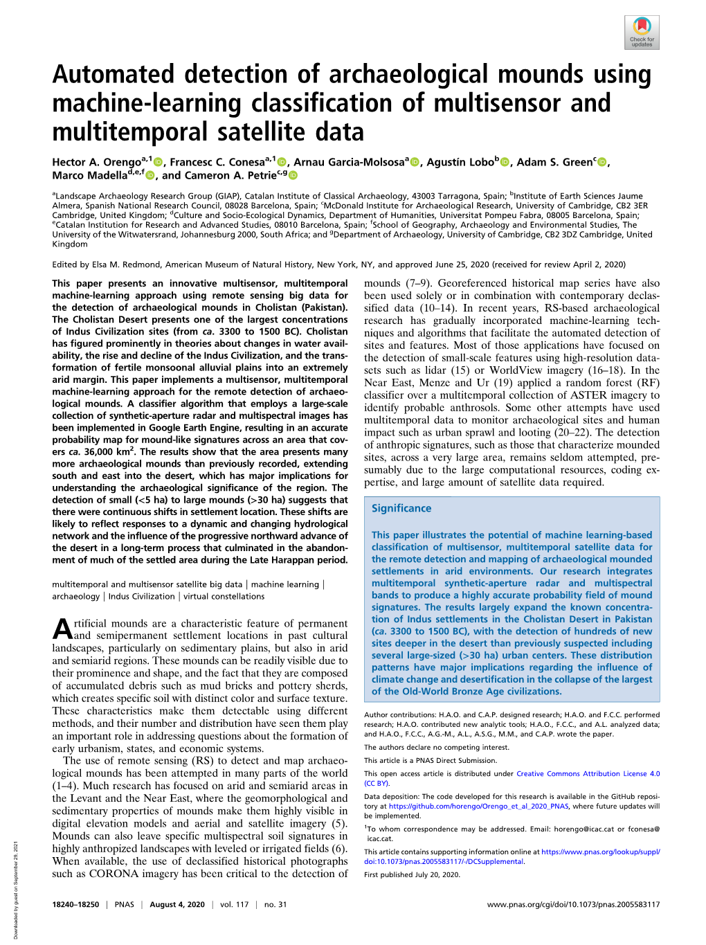 Automated Detection of Archaeological Mounds Using Machine-Learning Classification of Multisensor and Multitemporal Satellite Data