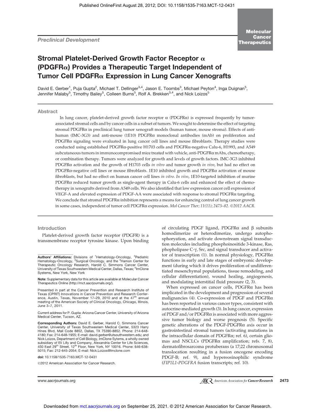 Stromal Platelet-Derived Growth Factor Receptor a (Pdgfra) Provides a Therapeutic Target Independent of Tumor Cell Pdgfra Expression in Lung Cancer Xenografts