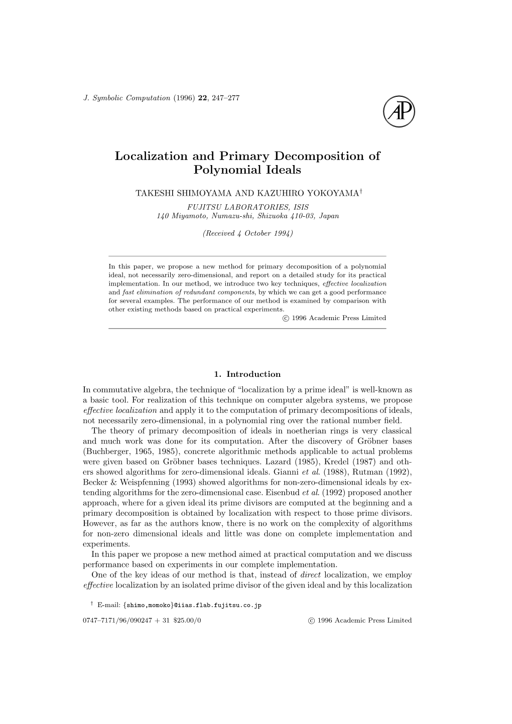 Localization and Primary Decomposition of Polynomial Ideals