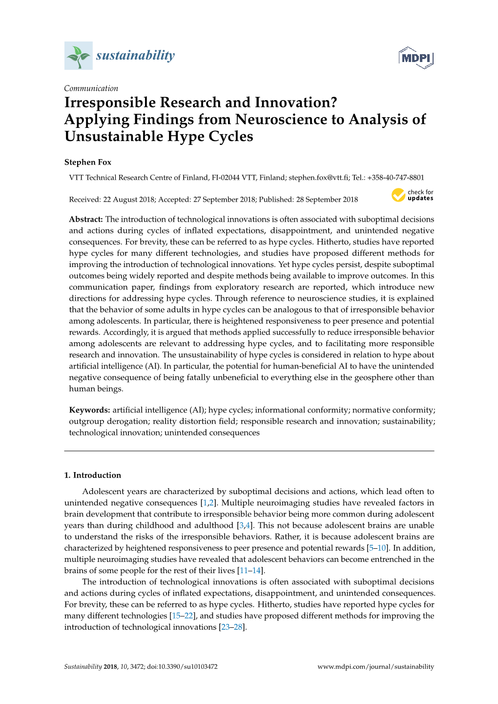 Irresponsible Research and Innovation? Applying Findings from Neuroscience to Analysis of Unsustainable Hype Cycles