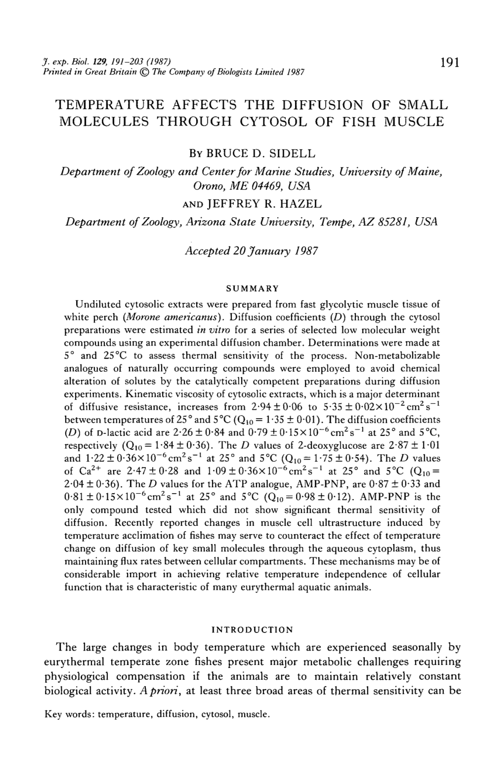 Temperature Affects the Diffusion of Small Molecules Through Cytosol of Fish Muscle