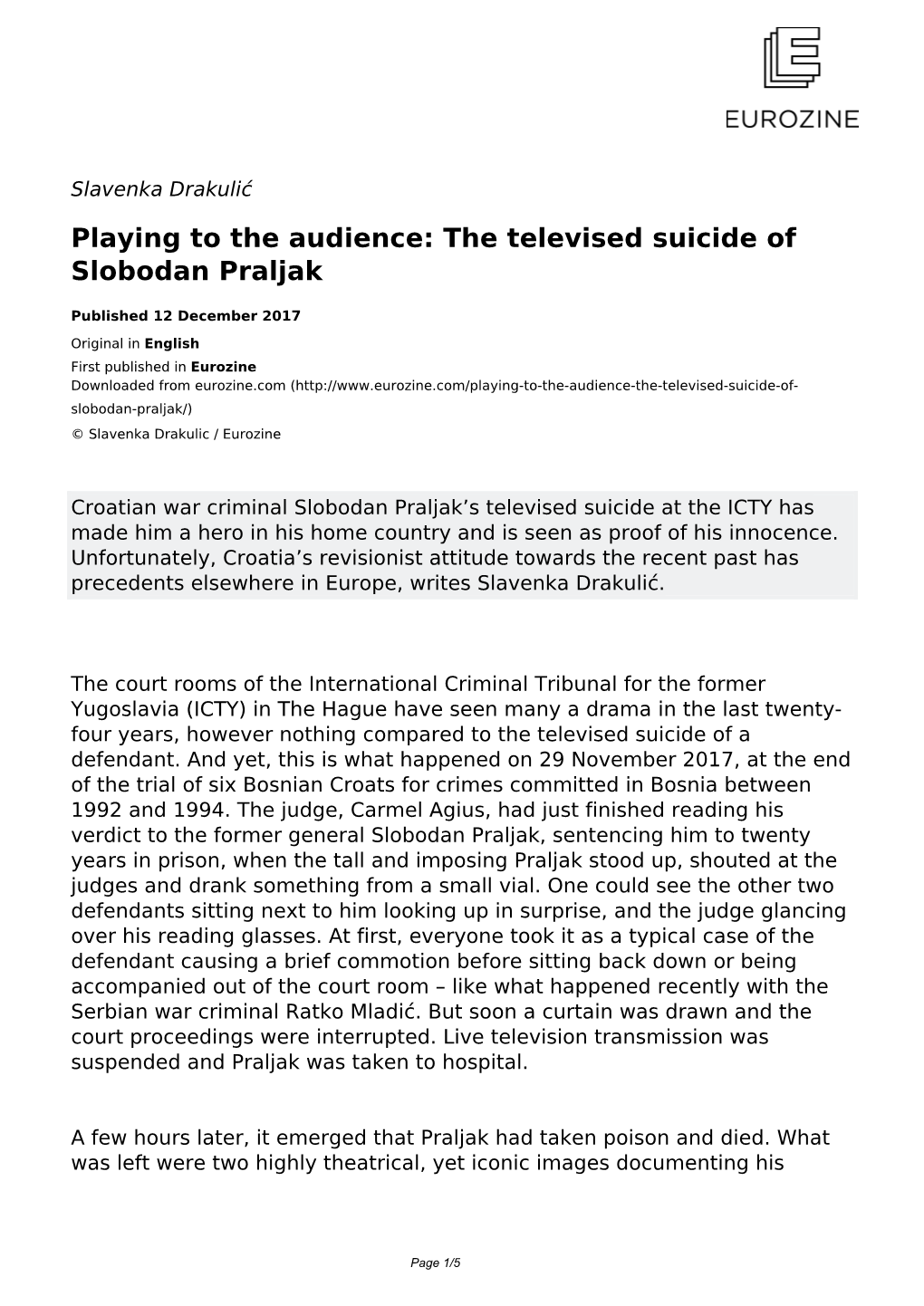 The Televised Suicide of Slobodan Praljak