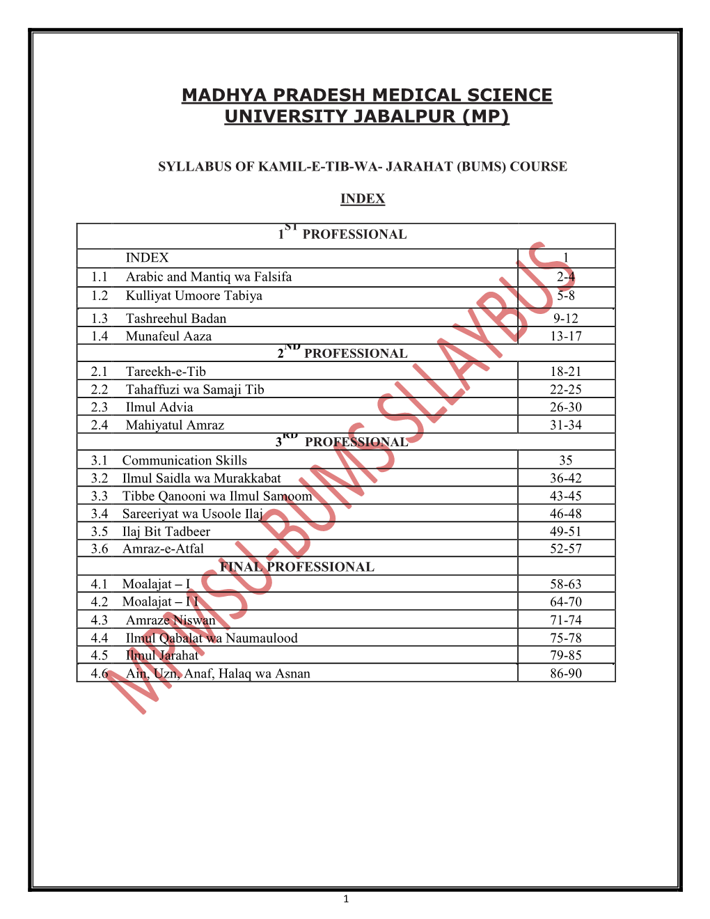 Syllabus of Kamil-E-Tib-Wa- Jarahat (Bums) Course