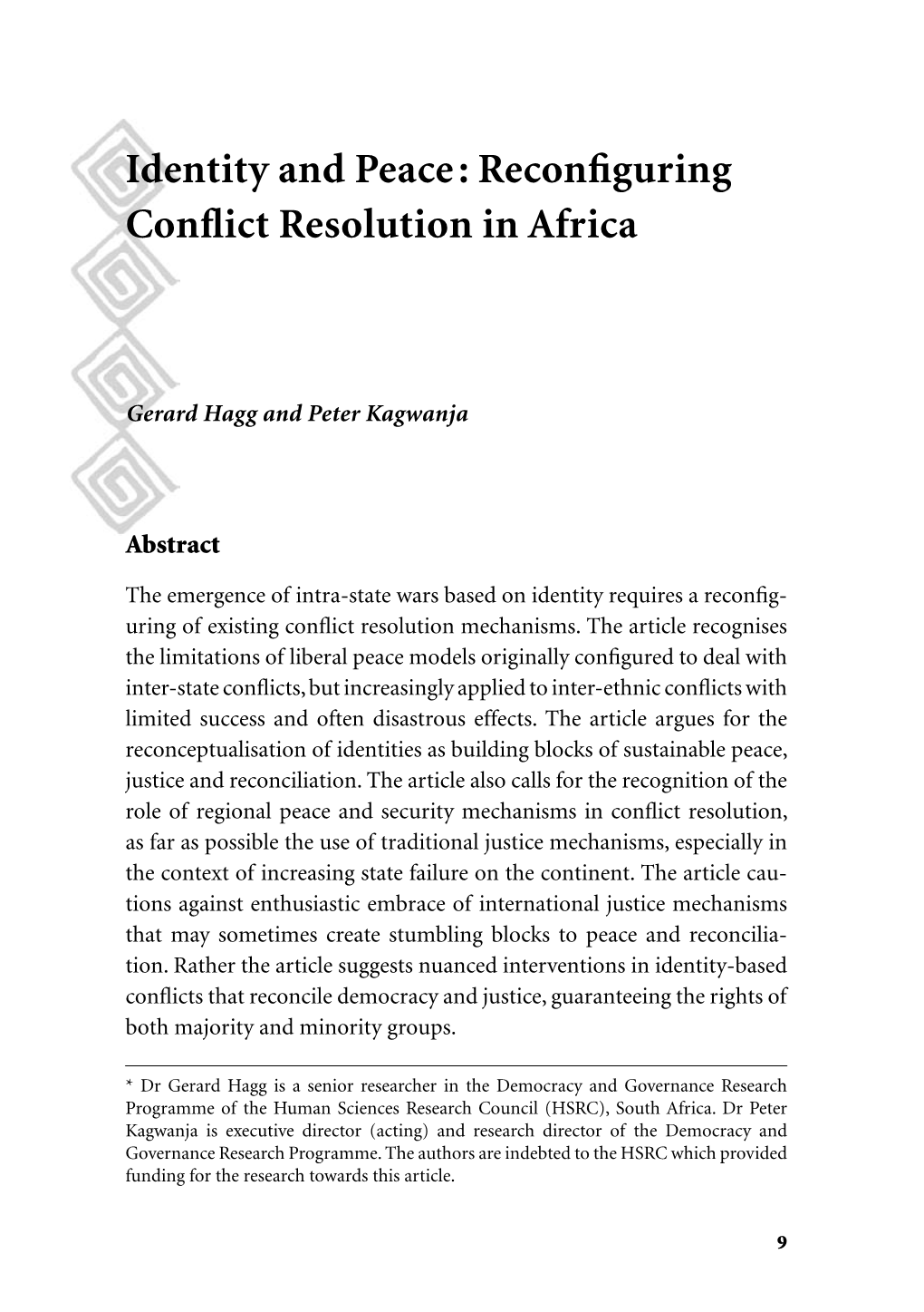 Identity and Peace Conflict Resolution in Africa