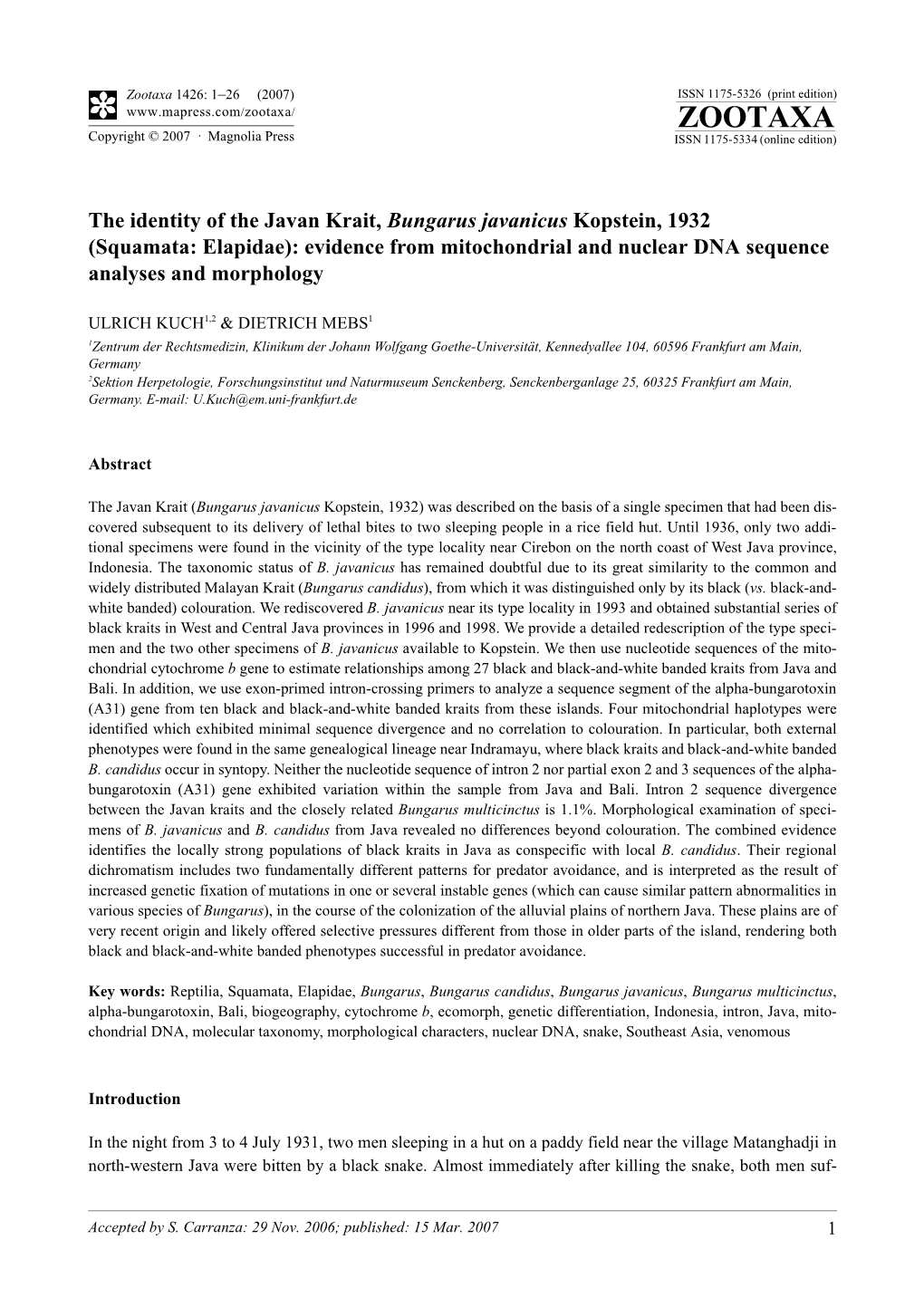 Zootaxa, the Identity of the Javan Krait, Bungarus Javanicus Kopstein