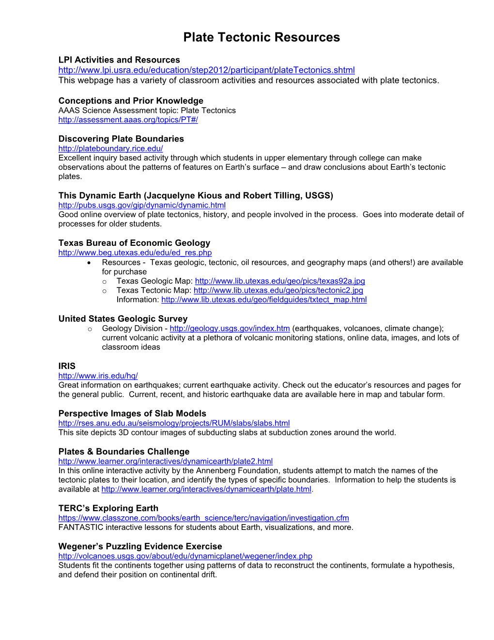 Plate Tectonic Resources