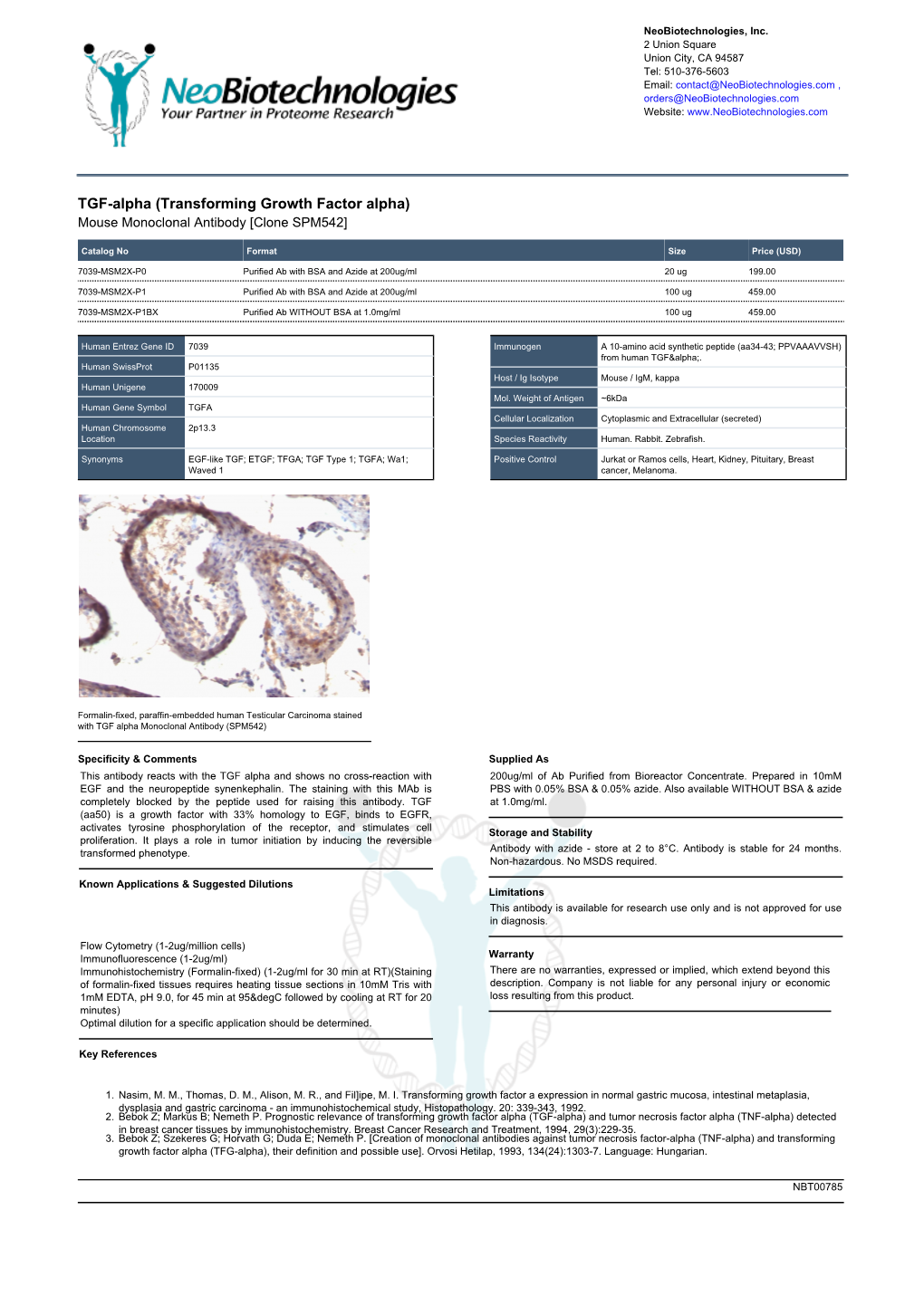 Transforming Growth Factor Alpha) Mouse Monoclonal Antibody [Clone SPM542]