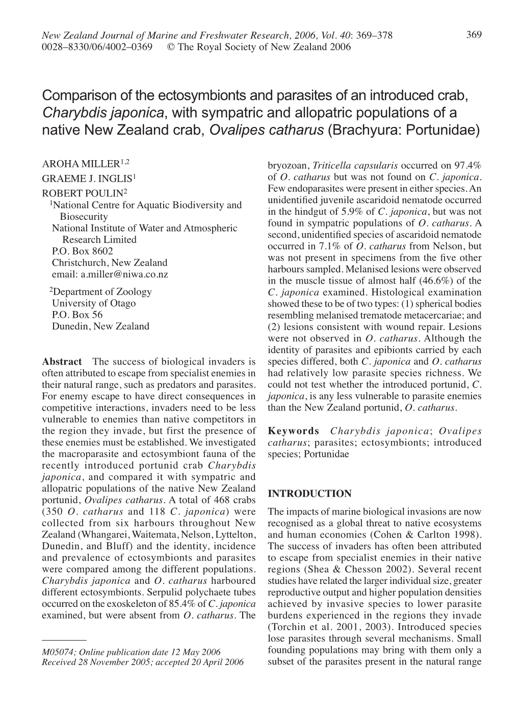 Comparison of the Ectosymbionts and Parasites of an Introduced Crab