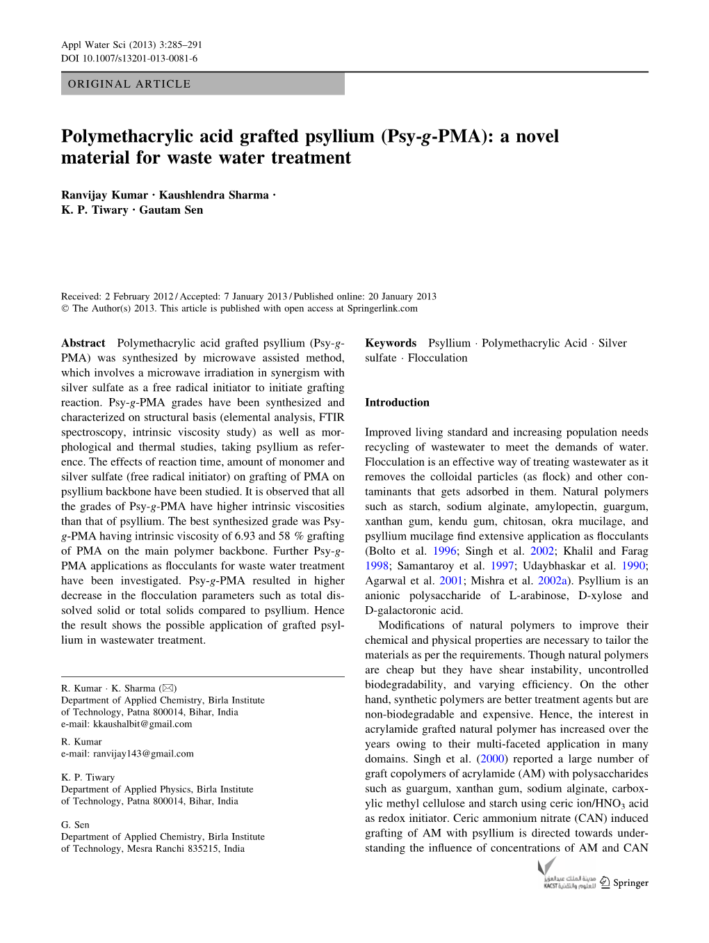 Polymethacrylic Acid Grafted Psyllium (Psy-G-PMA): a Novel Material for Waste Water Treatment