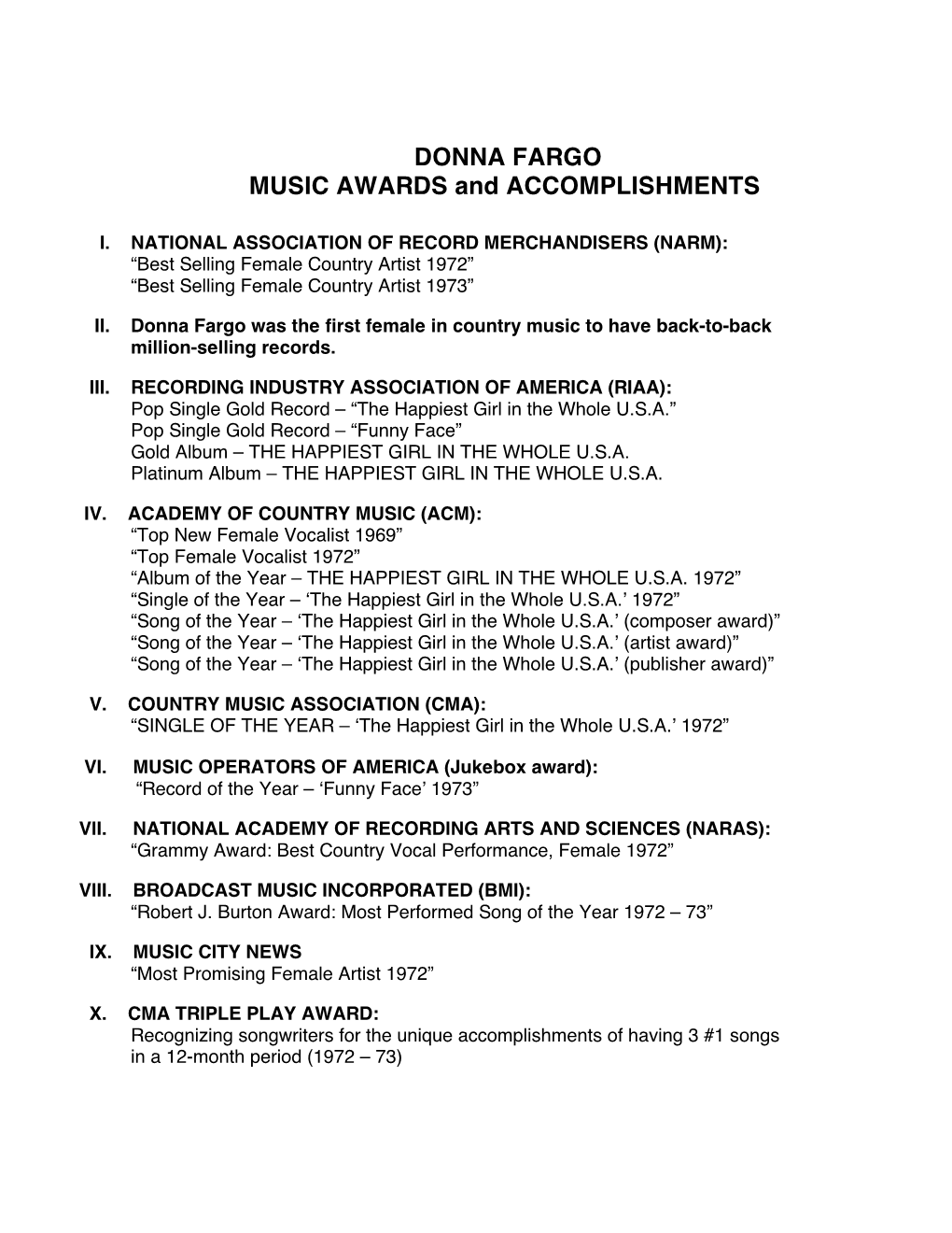 DONNA FARGO MUSIC AWARDS and ACCOMPLISHMENTS