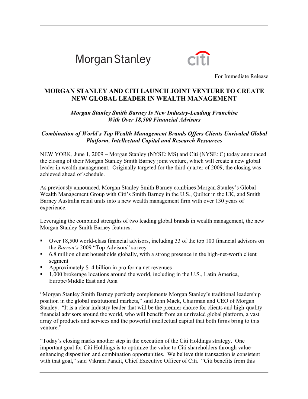 Morgan Stanley and Citi Launch Joint Venture to Create New Global Leader in Wealth Management