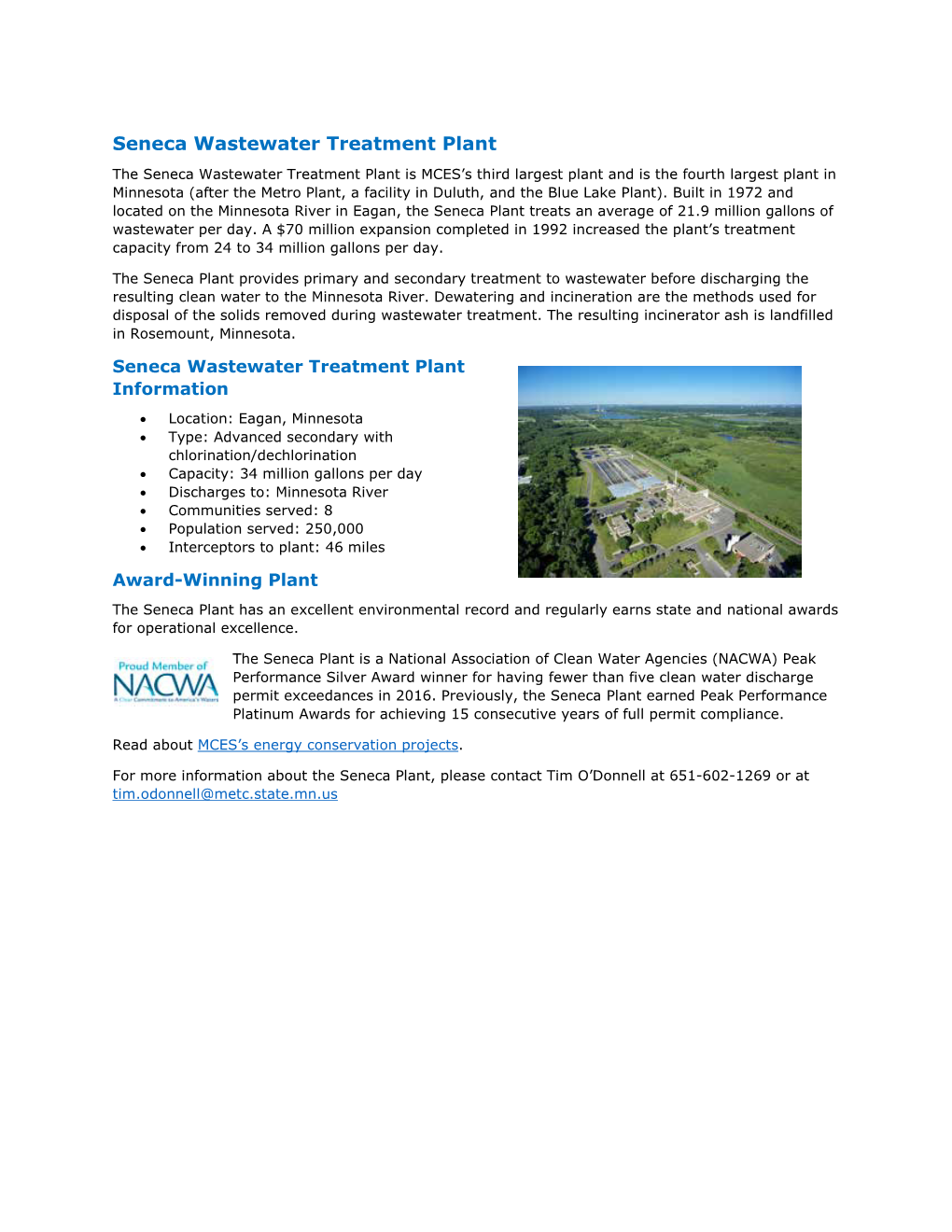 Seneca Wastewater Treatment Plant Factsheet