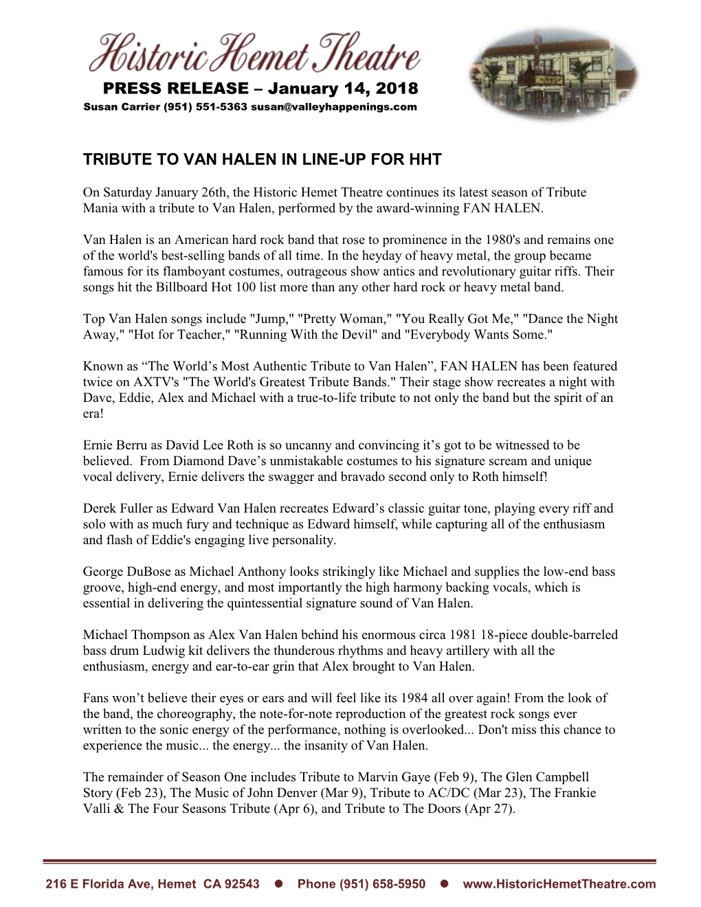 Tribute to Van Halen in Line-Up for Hht
